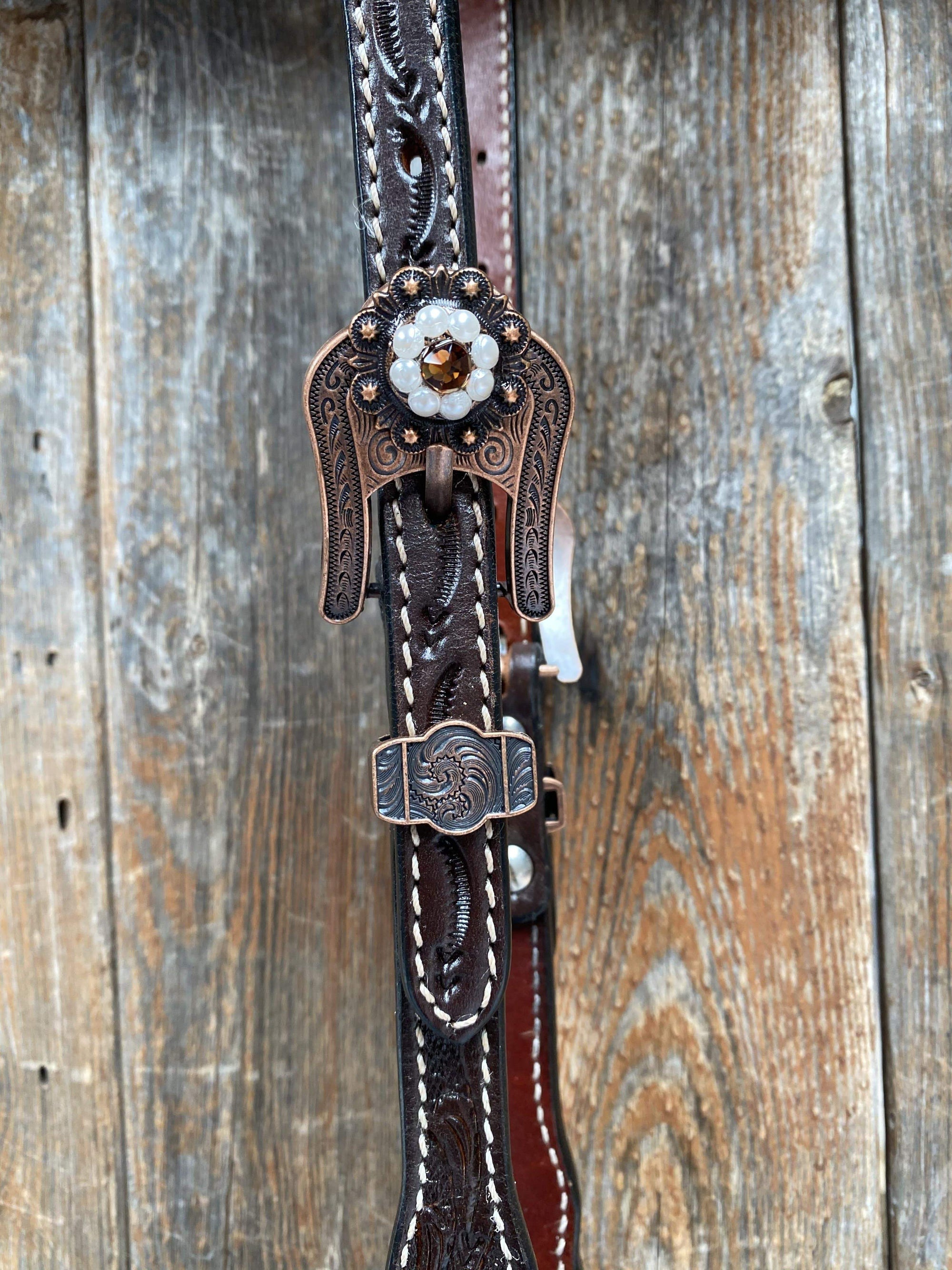 Dark Oil One Ear Headstall / Bridle - White Flower &amp; European Crystal Conchos 