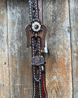 Dark Oil One Ear Headstall / Bridle - White Flower & European Crystal Conchos 