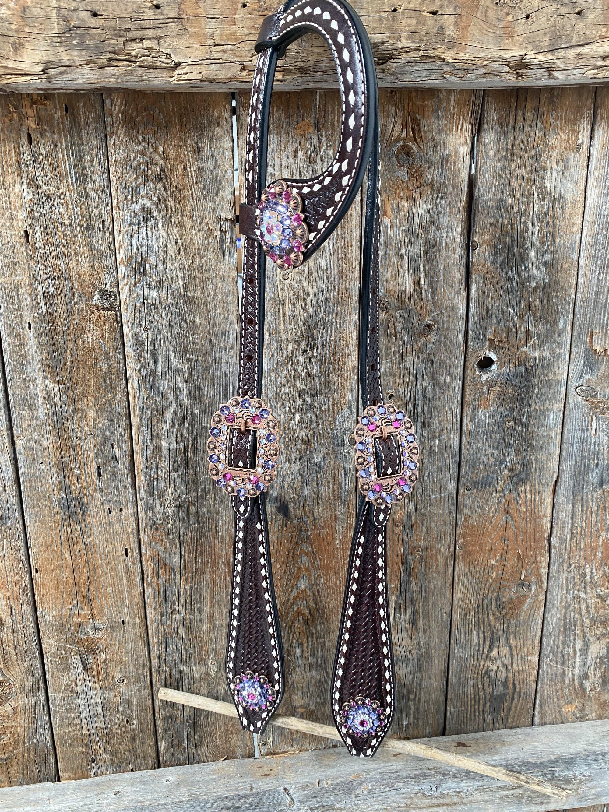 Dark Oil Buckstitch One Ear Headstall &amp; Breastcollar - Pink 
