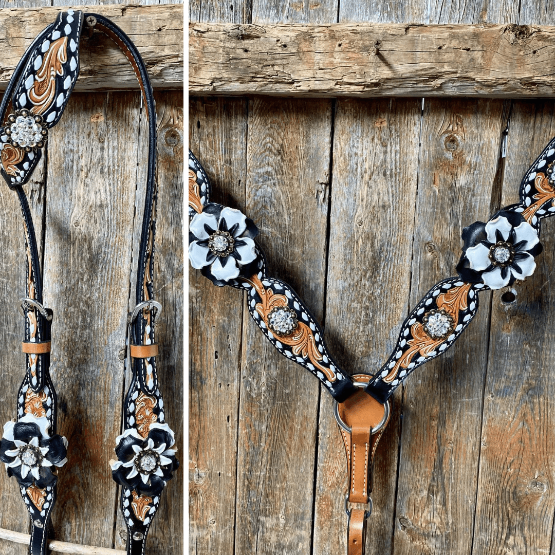 Buckstitch Flower Browband / One Ear Tack Set 