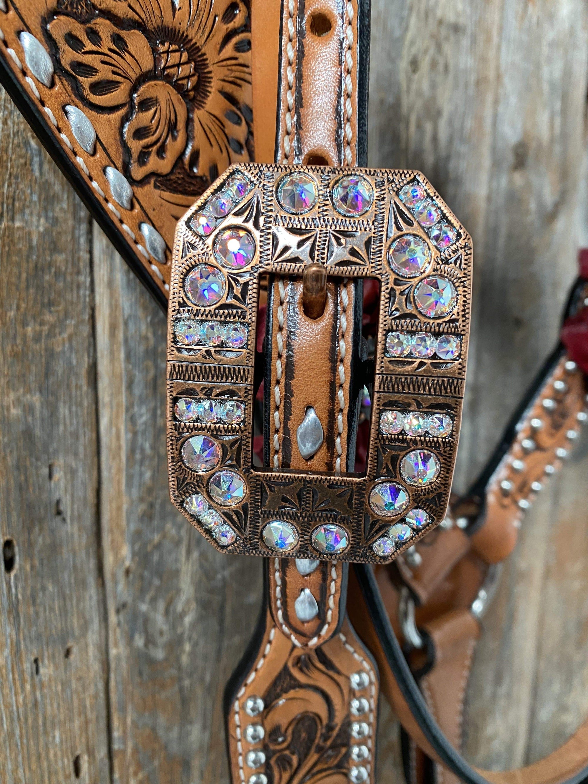 Silver Buckstitch Flower Browband Headstall &amp; Breastcollar Set 