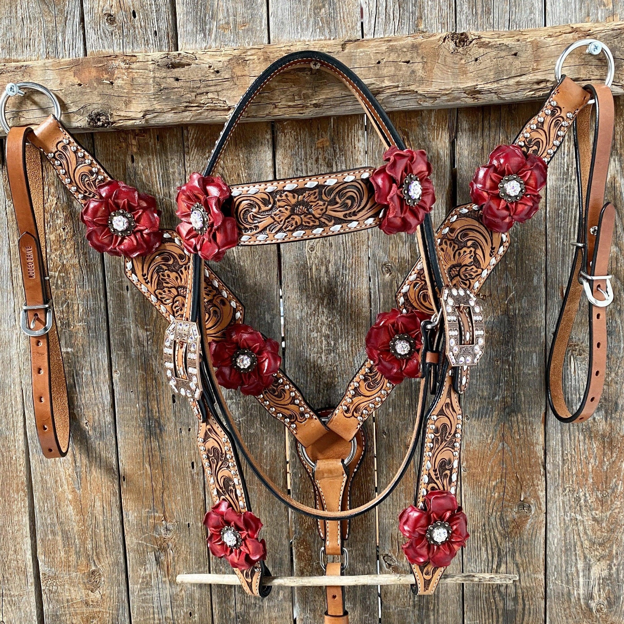 Silver Buckstitch Flower Browband Headstall &amp; Breastcollar Set 