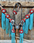 Buckstitch One Ear Headstall & Breastcollar Set -Red Flowers 