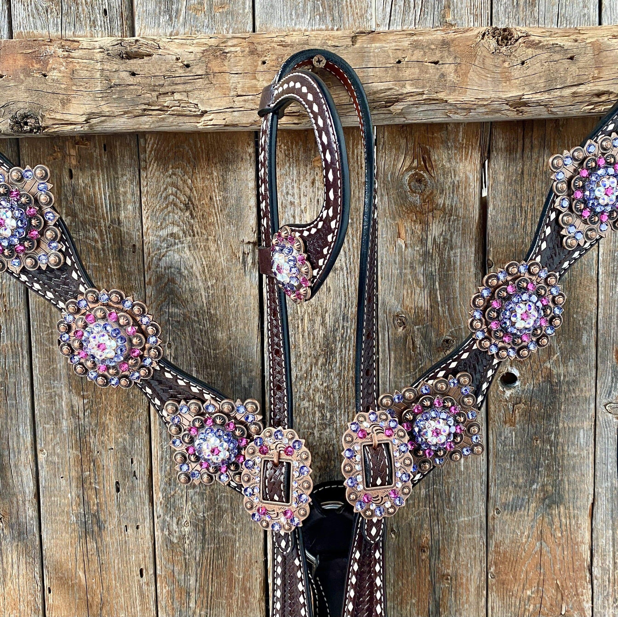 Dark Oil Buckstitch One Ear Headstall &amp; Breastcollar - Pink 