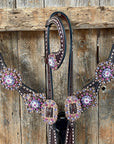 Dark Oil Buckstitch One Ear Headstall & Breastcollar - Pink 