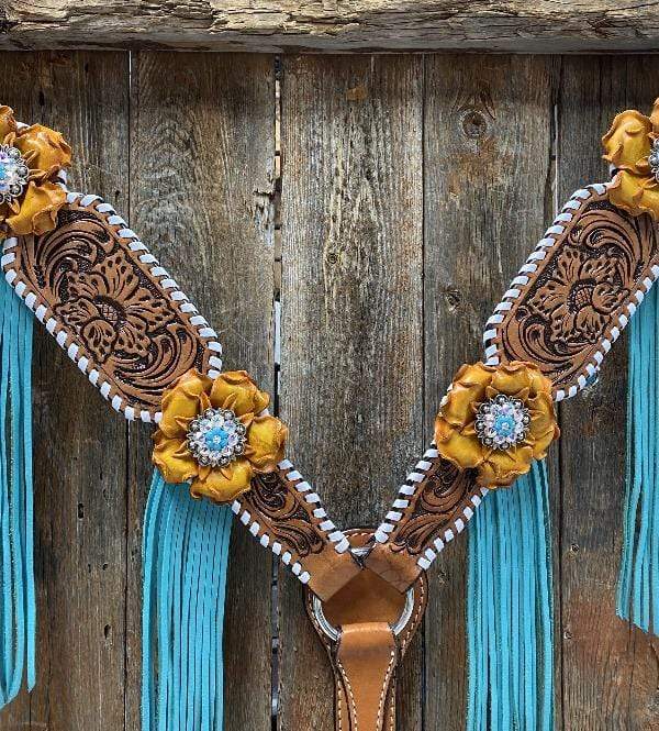 White Whipstitch Yellow and Turquoise Browband/One Ear Headstall &amp; Breastcollar Tack Set 