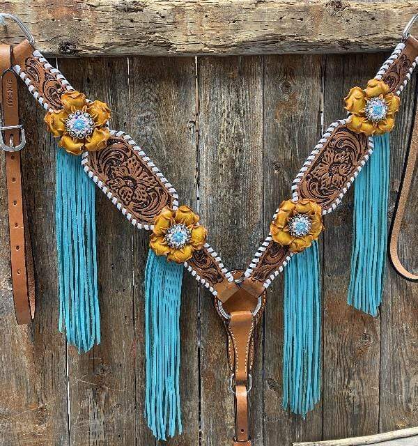 White Whipstitch Yellow and Turquoise Browband/One Ear Headstall &amp; Breastcollar Tack Set 