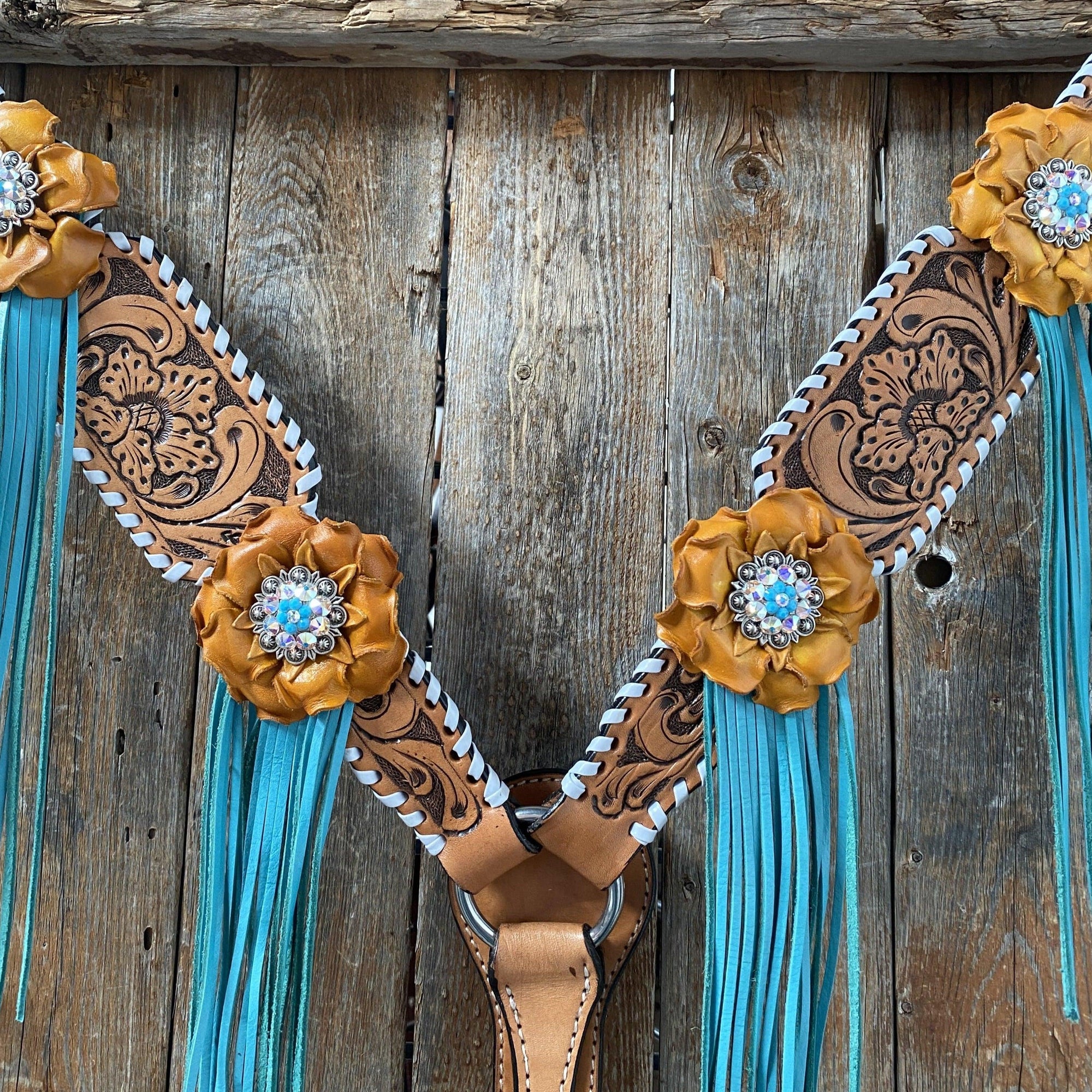 White Whipstitch Yellow and Turquoise Browband/One Ear Headstall &amp; Breastcollar Tack Set 