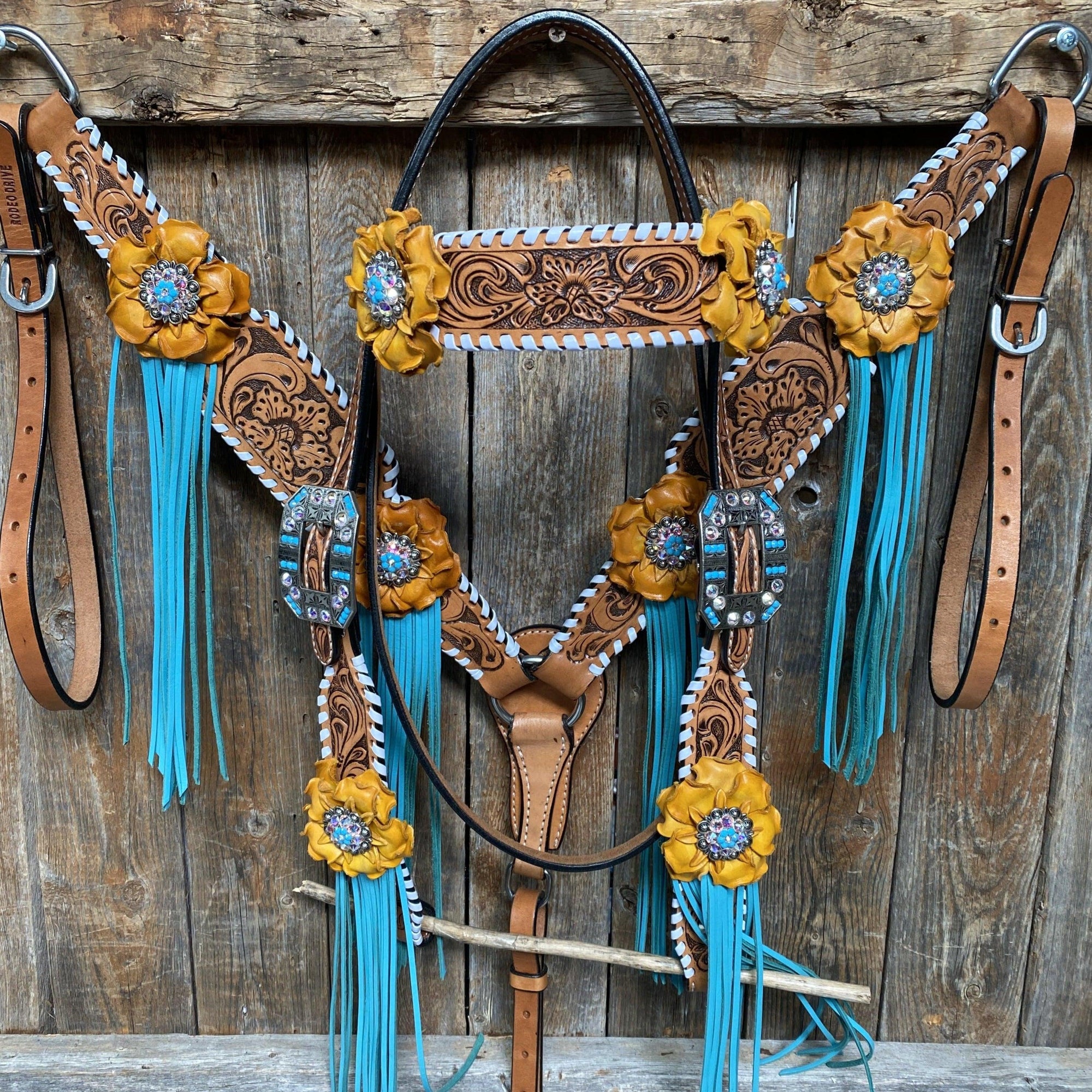 White Whipstitch Yellow and Turquoise Browband/One Ear Headstall &amp; Breastcollar Tack Set 