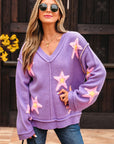 Star Textured V-Neck Drop Shoulder Oversized Sweater