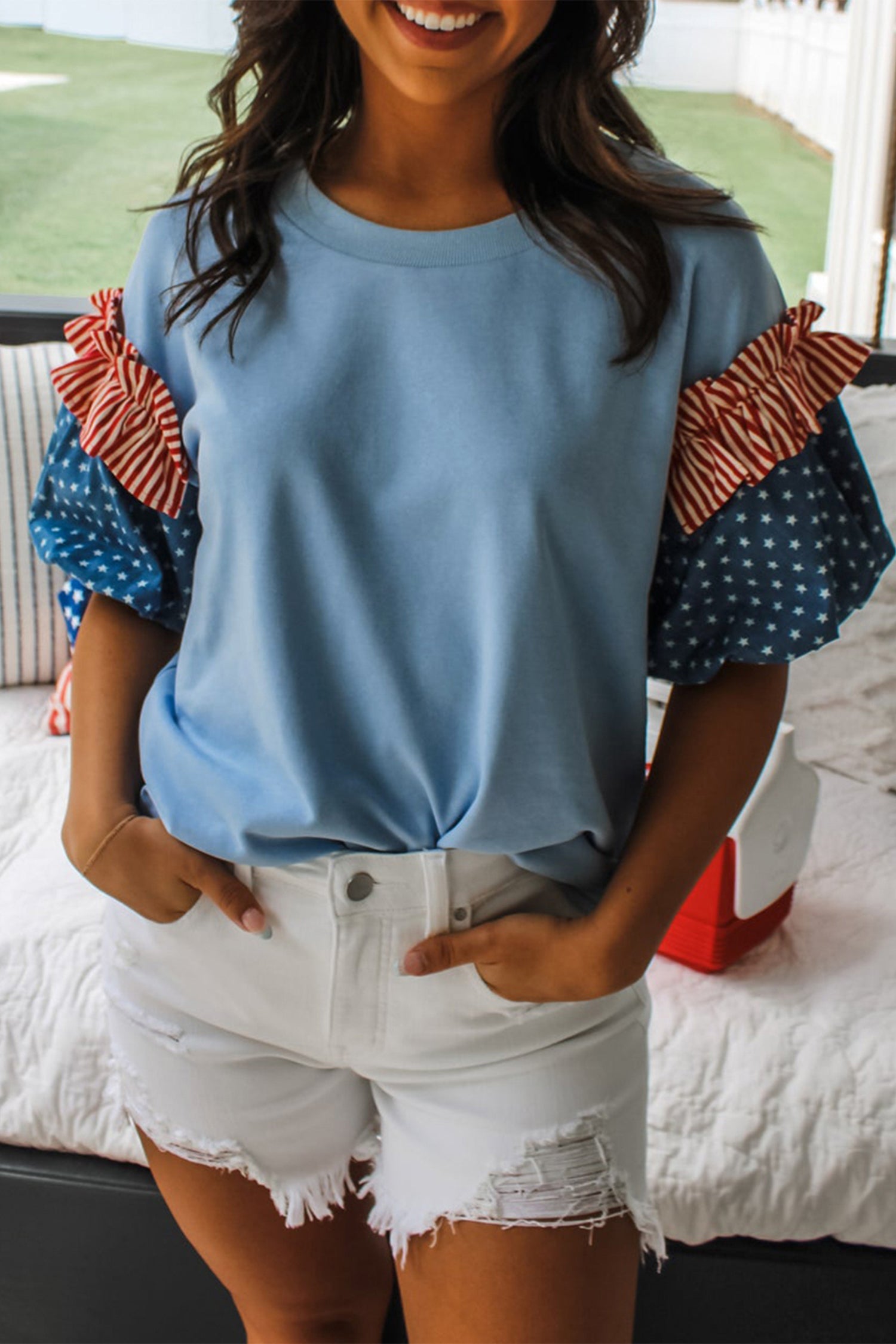 Stars &amp; Stripe Patchwork Short Puff Sleeve Top