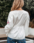 Floral Lace-Up V-Neck Babydoll Blouse