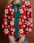 Flower Tied Neck Shirred Puff Sleeve Blouse