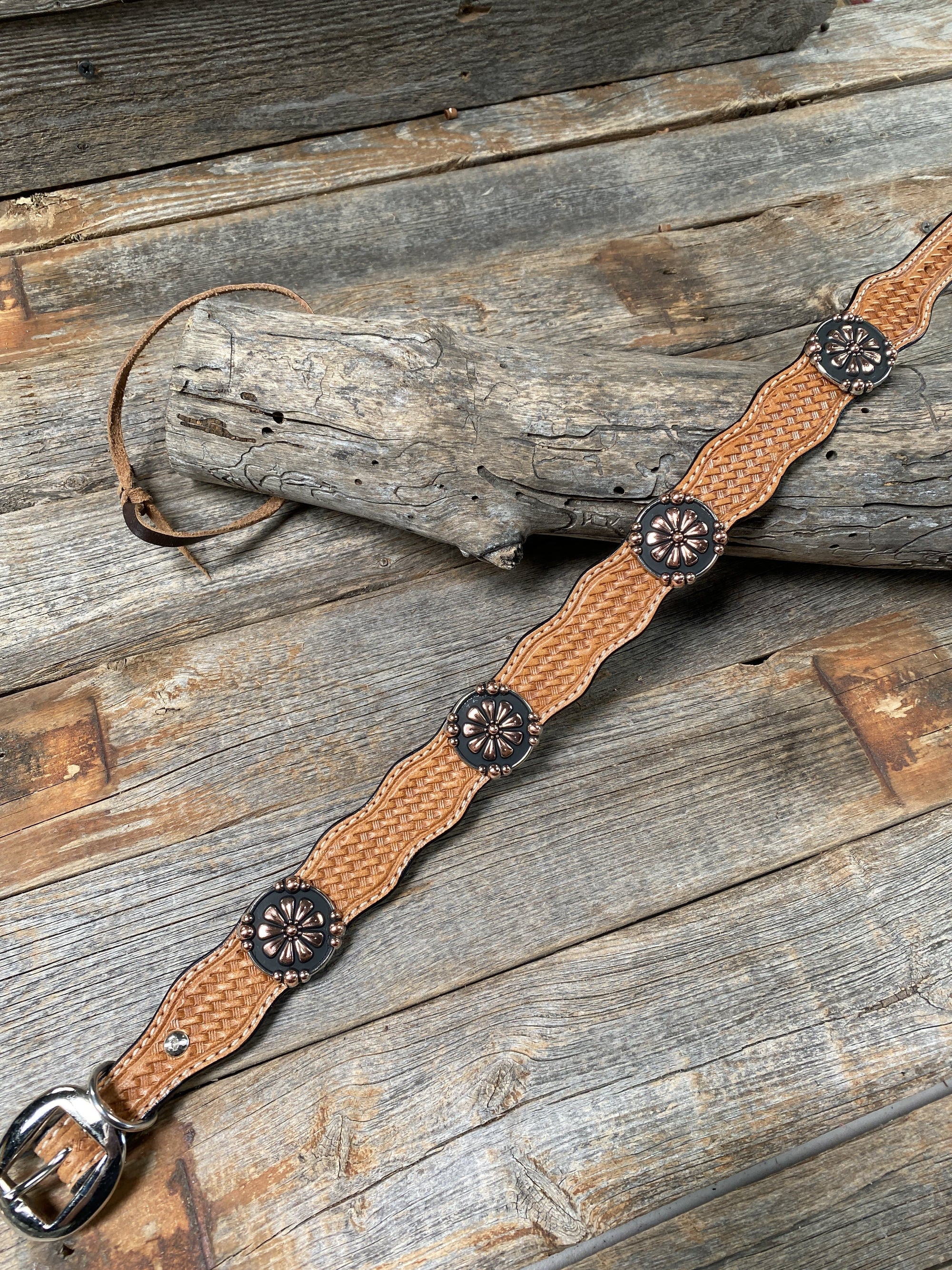 DC76 - Light Oil Leather Copper Flower Dog Collar 10"-22" W196L