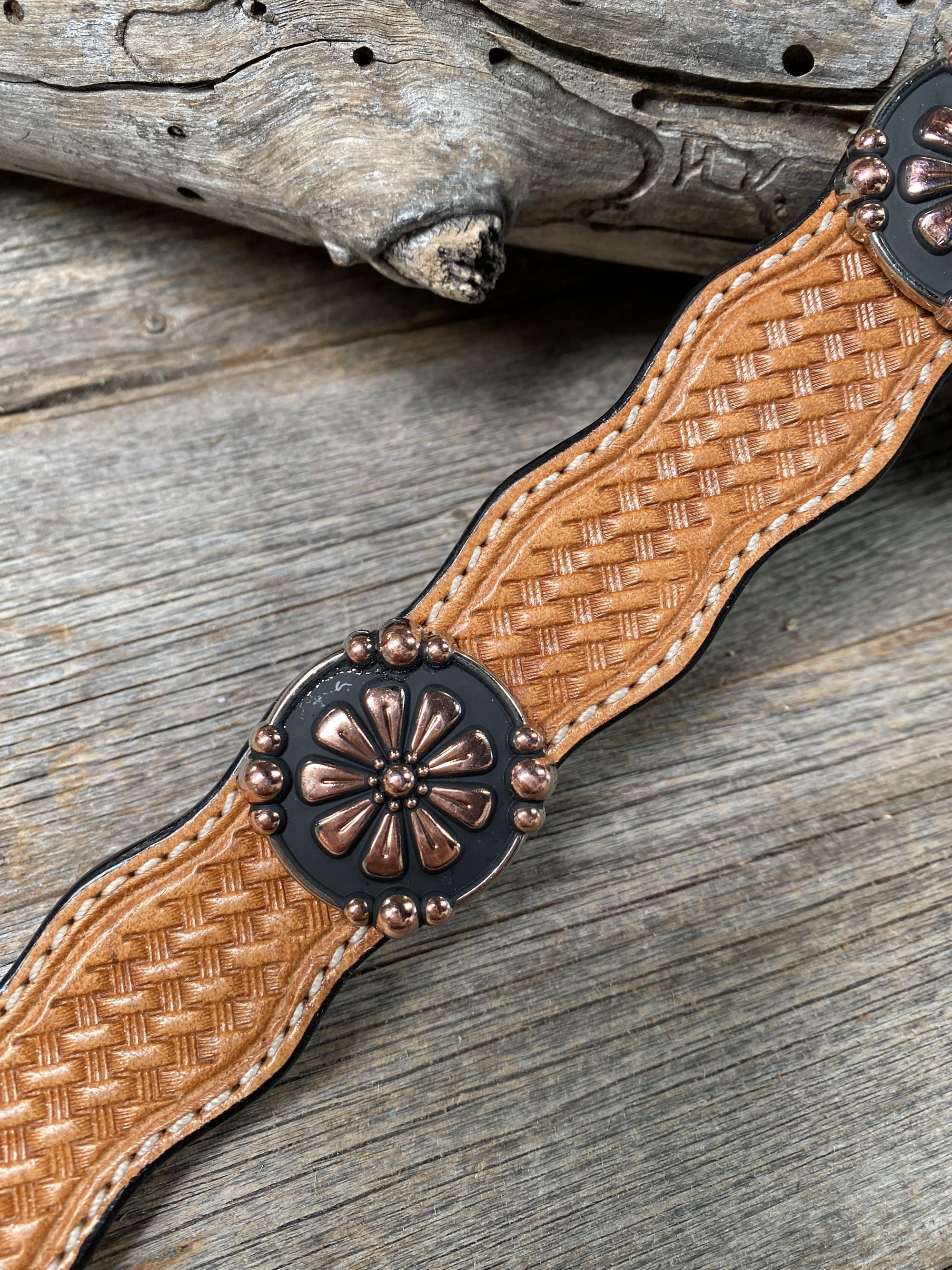 DC76 - Light Oil Leather Copper Flower Dog Collar 10"-22" W196L