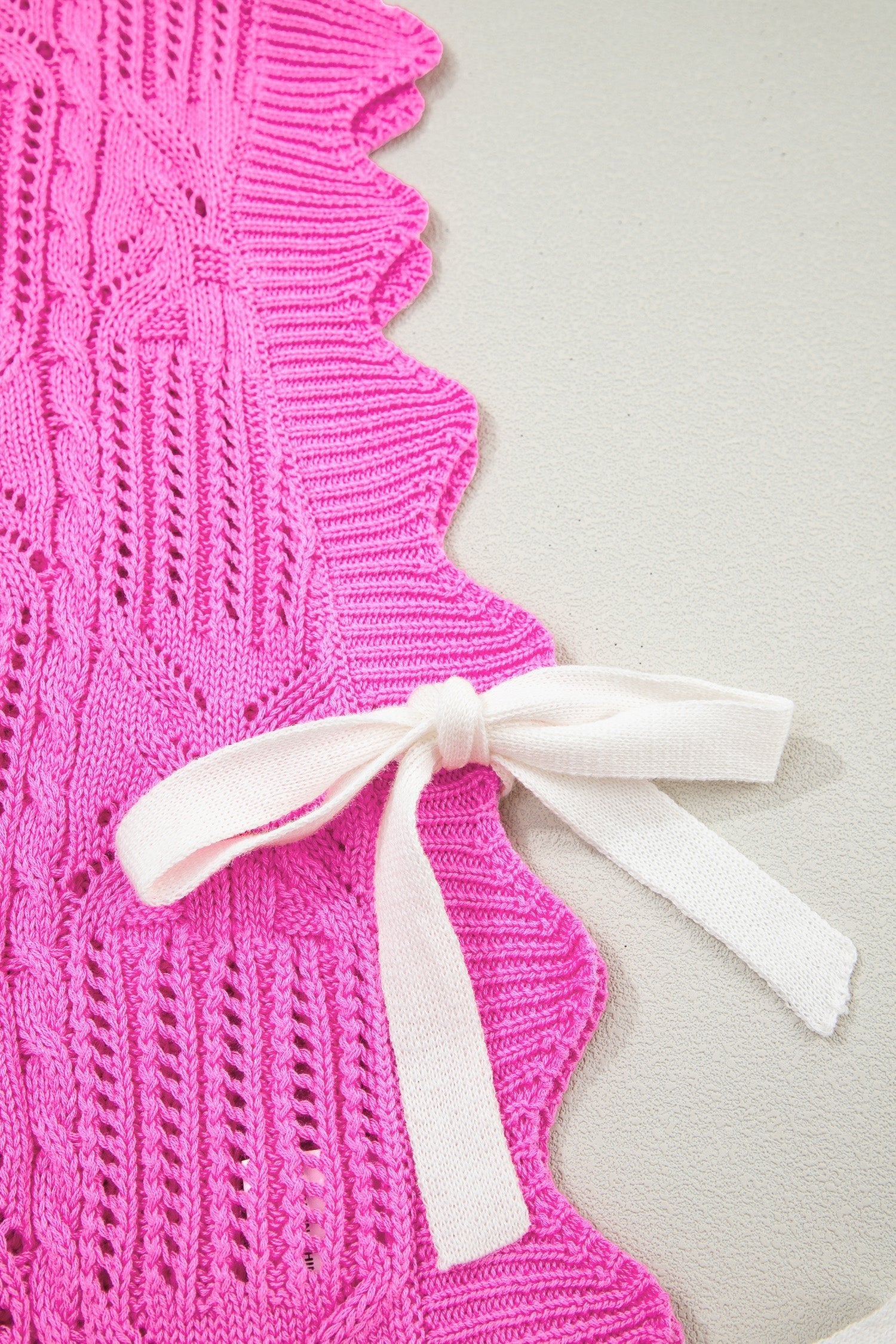 Pointelle Knit Scallop Trim Short Sleeve Sweater