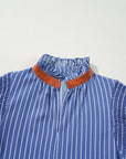 Stripe Frilly Neck Shirred Ruffle Sleeve Mini Dress