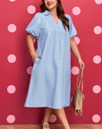 Plus Size Stripe Shirred Collared V-Neck Midi Dress