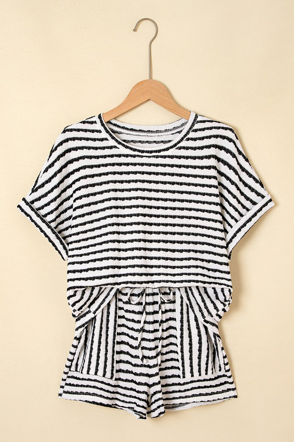 Stripe Knitted Top &amp; Drawstring Shorts Set