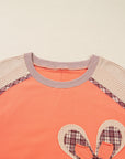 Plus Size Plaid Flower Patchwork 3/4 Sleeve Top