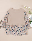 Beige Faux Two Piece Knit Patchwork Floral Print Plus Size Top