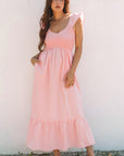Solid V-Neck Flutter Sleeve Ruffle Maxi Dress