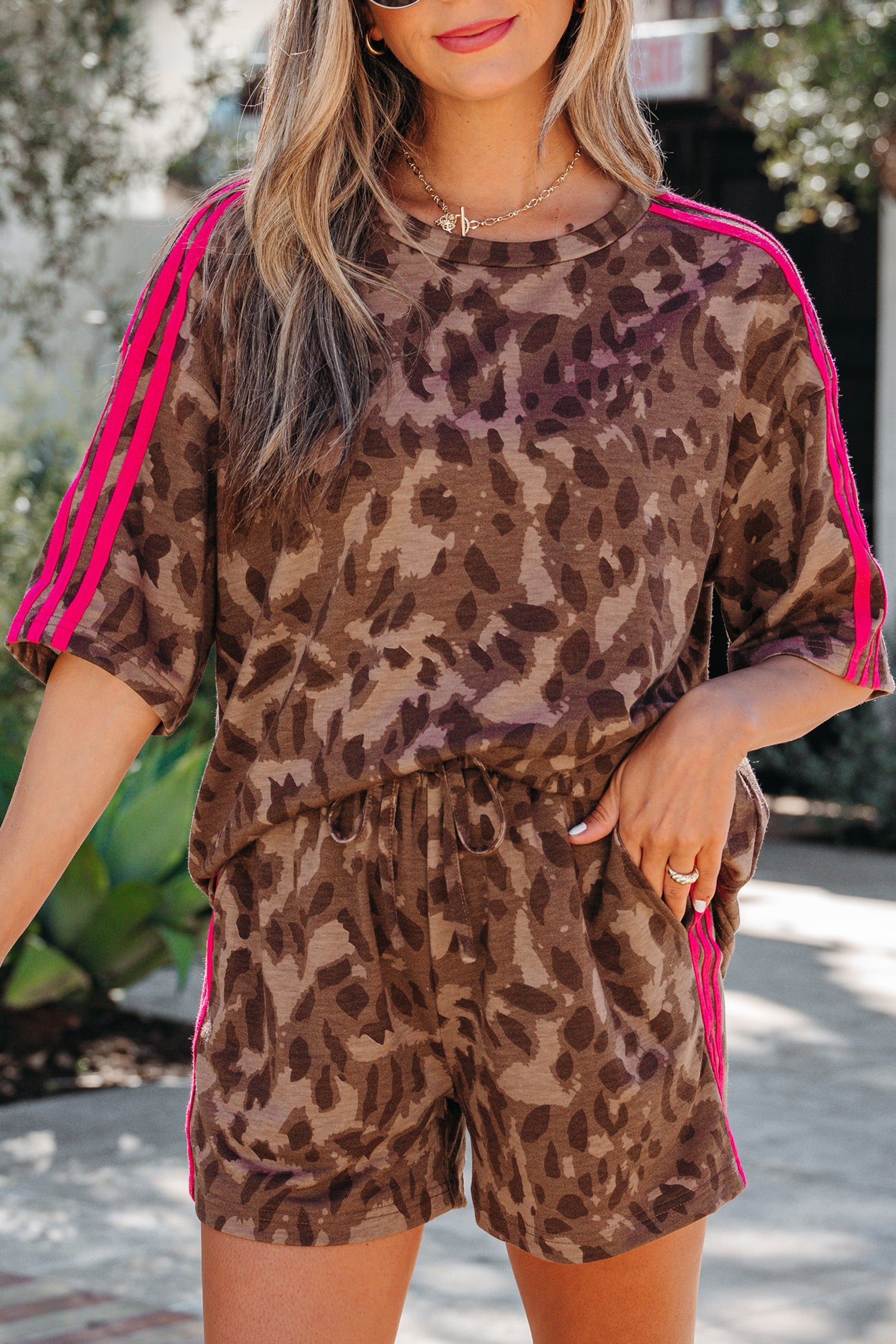 Leopard Contrast Stripe Tee &amp; Shorts Set