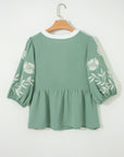 Floral Embroidered V-Neck Puff Sleeve Babydoll Blouse