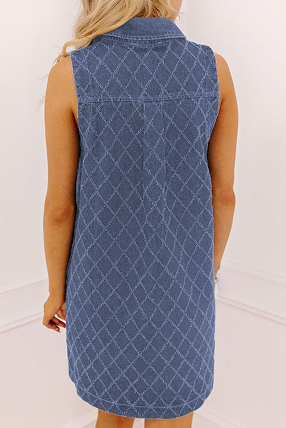 Denim Textured Collared V-Neck Sleeveless Mini Dress