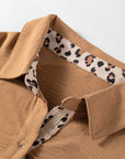 Black Contrast Leopard Print Patchwork Polo Collar Buttons Front Ruffled Long Sleeve Blouse