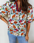 Floral Contrast V-Neck Puff Sleeve Blouse