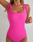 Solid Square Neck Tie Strap Open Back Swimsuit