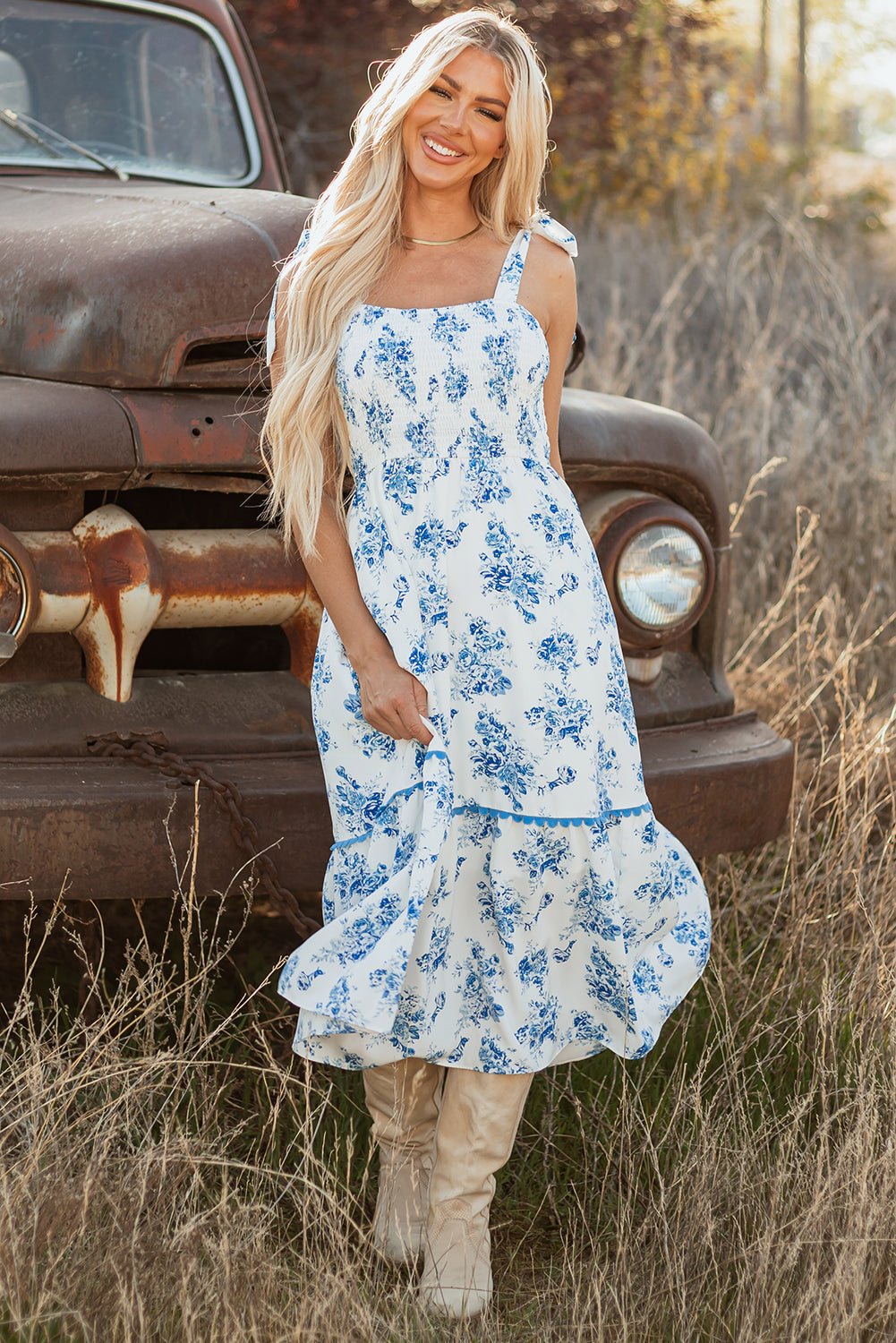 Kai Floral Shirred Knot Shoulder Sleeveless Long Dress