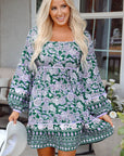 Boho Floral Piping Trim Bubble Sleeve Dress