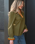 Stripe Trim Ruffle Split Neck Long Sleeve Blouse