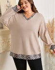 Plus Size Leopard Patchwork V-Neck Long Sleeve Top