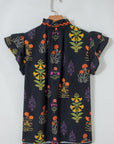 Floral Lace Trim V-Neck Frilled Short Sleeve Shirt