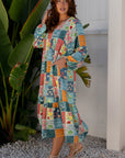 Floral Patchwork Long Sleeve Ruffle Hem Midi Dress