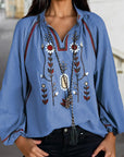 Floral Embroidered Tassel-Tie Puff Sleeve Blouse