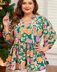 Plus Size Floral Long Sleeve V-Neck Babydoll Top