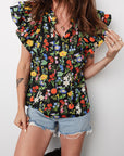 Flower Tiered Flutter Sleeve V-Neck Blouse