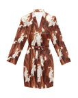 Brown Cow Print Women's Long Sleeve Belted Satin Feel Dressing Lounge Robe