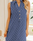 Denim Textured Collared V-Neck Sleeveless Mini Dress