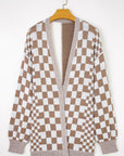 Plus Size Checker Drop Shoulder Open Front Cardigan