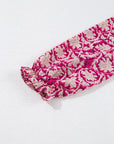 Pink Floral Print Split Neck Pleated Puff Sleeve Blouse