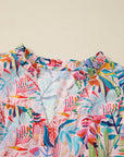 Floral Frilled Notch Neck Ruffle Sleeve Blouse