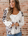 Leopard Waffle Knit Patchwork Zip Up Hoodie