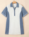 Colorblock Denim Patchwork Polo Collar Tunic Dress