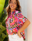 Floral Lace Up V-Neck Short Sleeve Blouse
