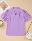 Solid Puff Sleeve Notched V-Neck Blouse